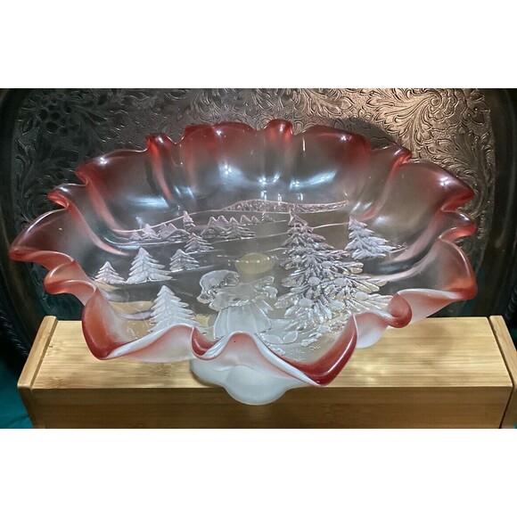 Mikasa “Christmas Story” Crystal Compote Candy/Fruit Dish Frosted With Red Trim - Picture 2 of 13